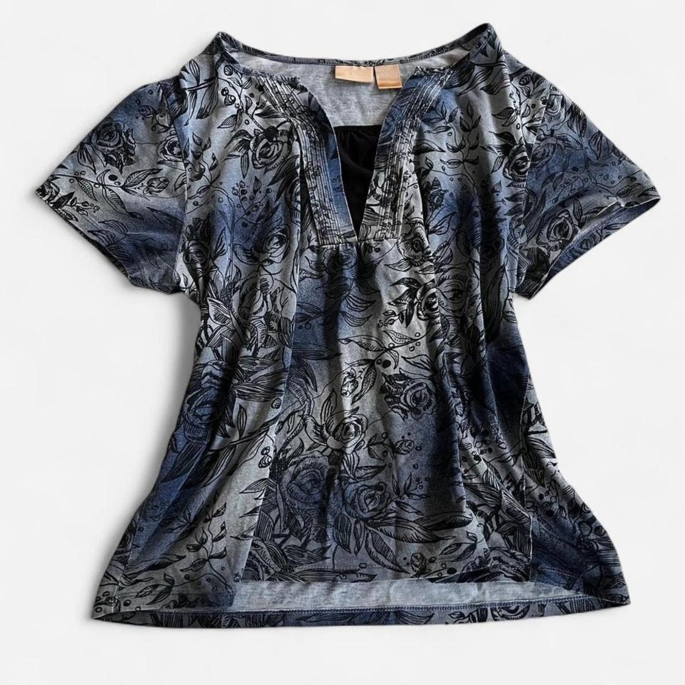 Womens Blue Floral Print Short Sleeve Y2K Grunge Goth Split Neck Knit Top Blouse